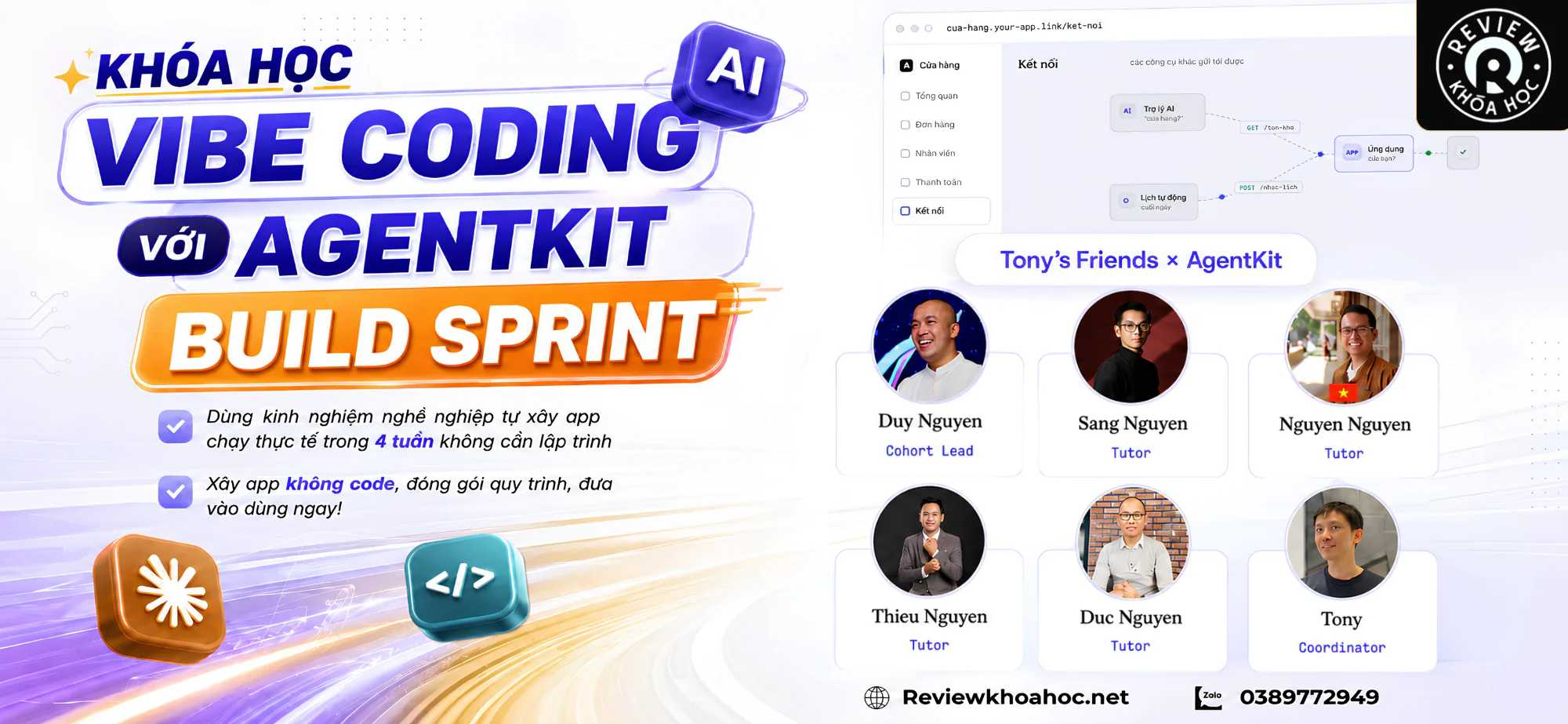 Anh banner chu nhat nho khoa hoc vibe coding voi agentkit — build sprint tonys friends × agentkit