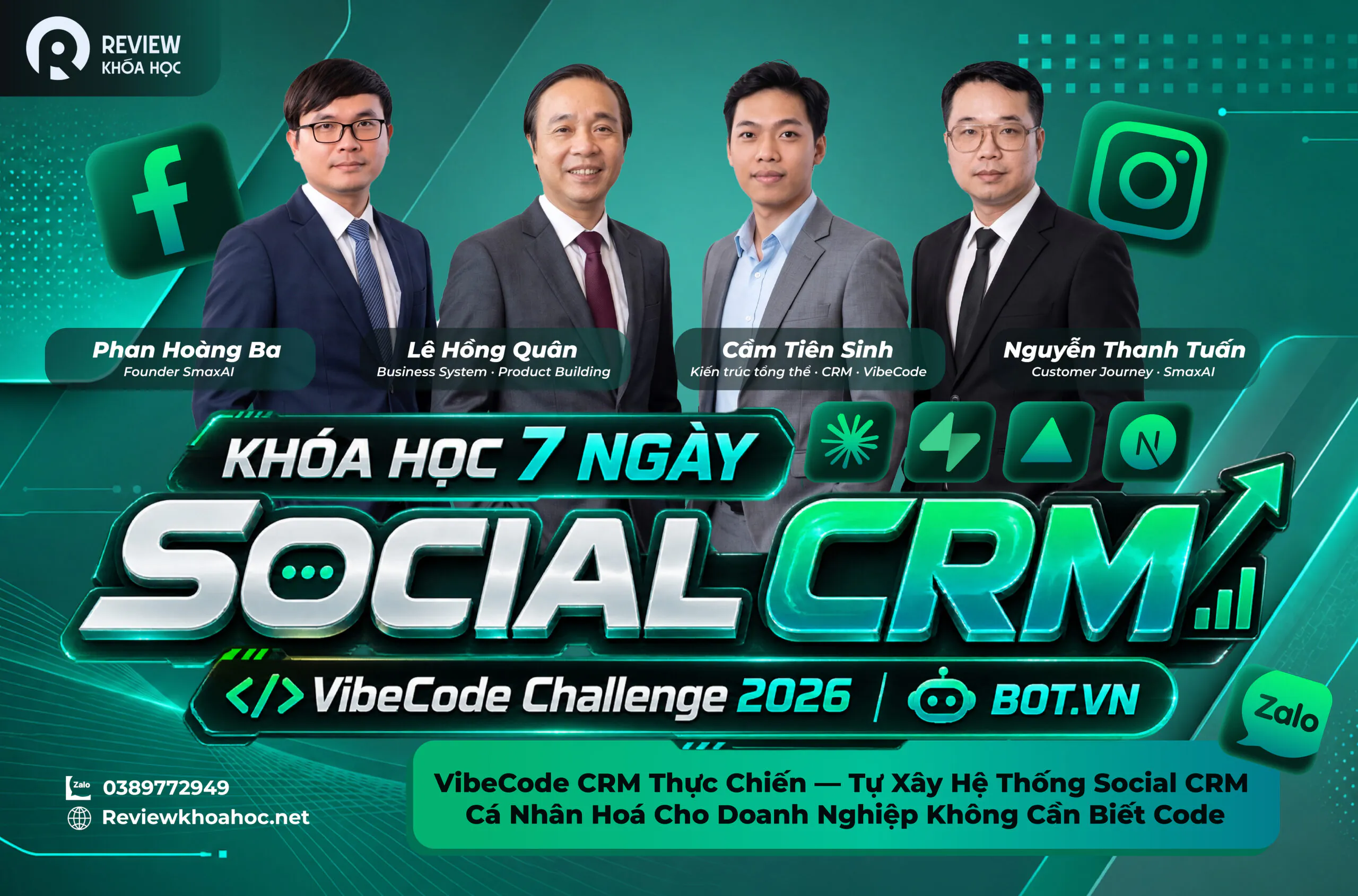ảnh bài viết - 7 Ngày Social CRM VibeCode Challenge 2026 – BOT.VN - Cầm Tiên Sinh, Phan Hoàng Ba, Lê Hồng Quân, Nguyễn Thanh Tuấn